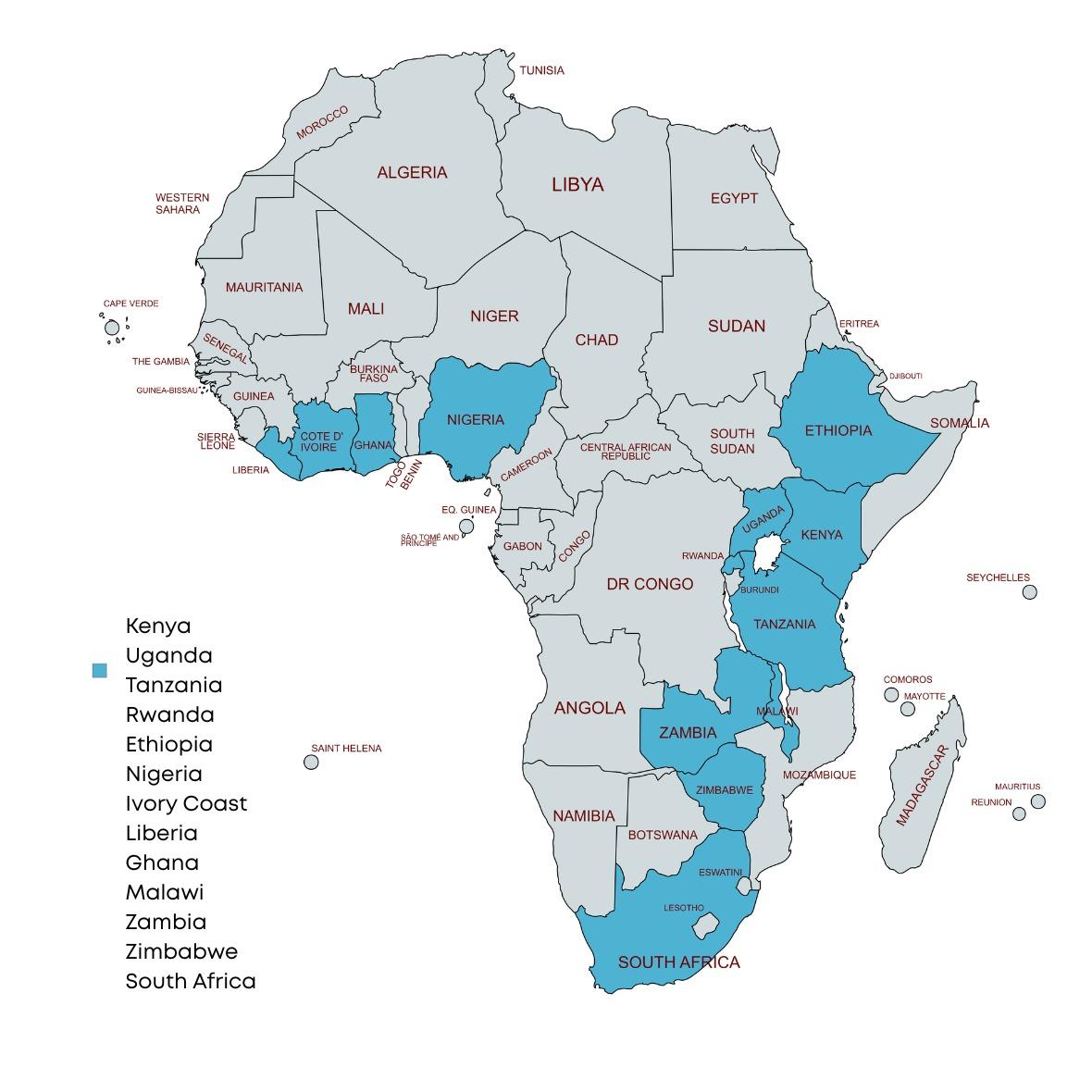 Map of Africa highlighting SRM's active markets